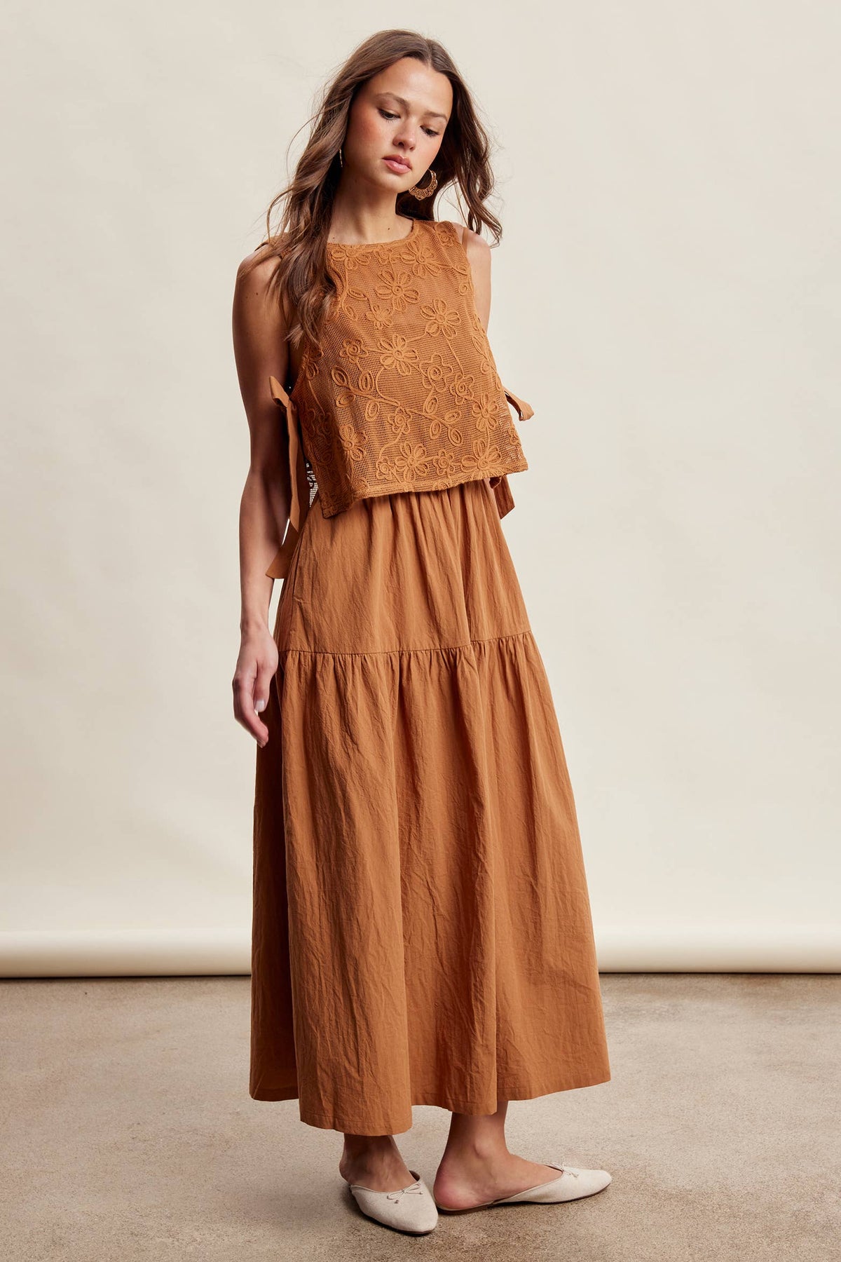 Embroidered Lace Vest & Sleeveless Midi Dress Set