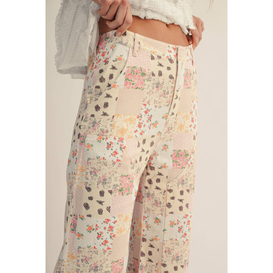 Vintage Pastel Floral Patchwork Wide Leg Pants