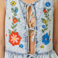 Floral Embroidered Front Tie Ruffled Vest