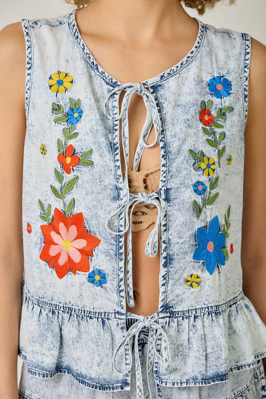 Floral Embroidered Front Tie Ruffled Vest