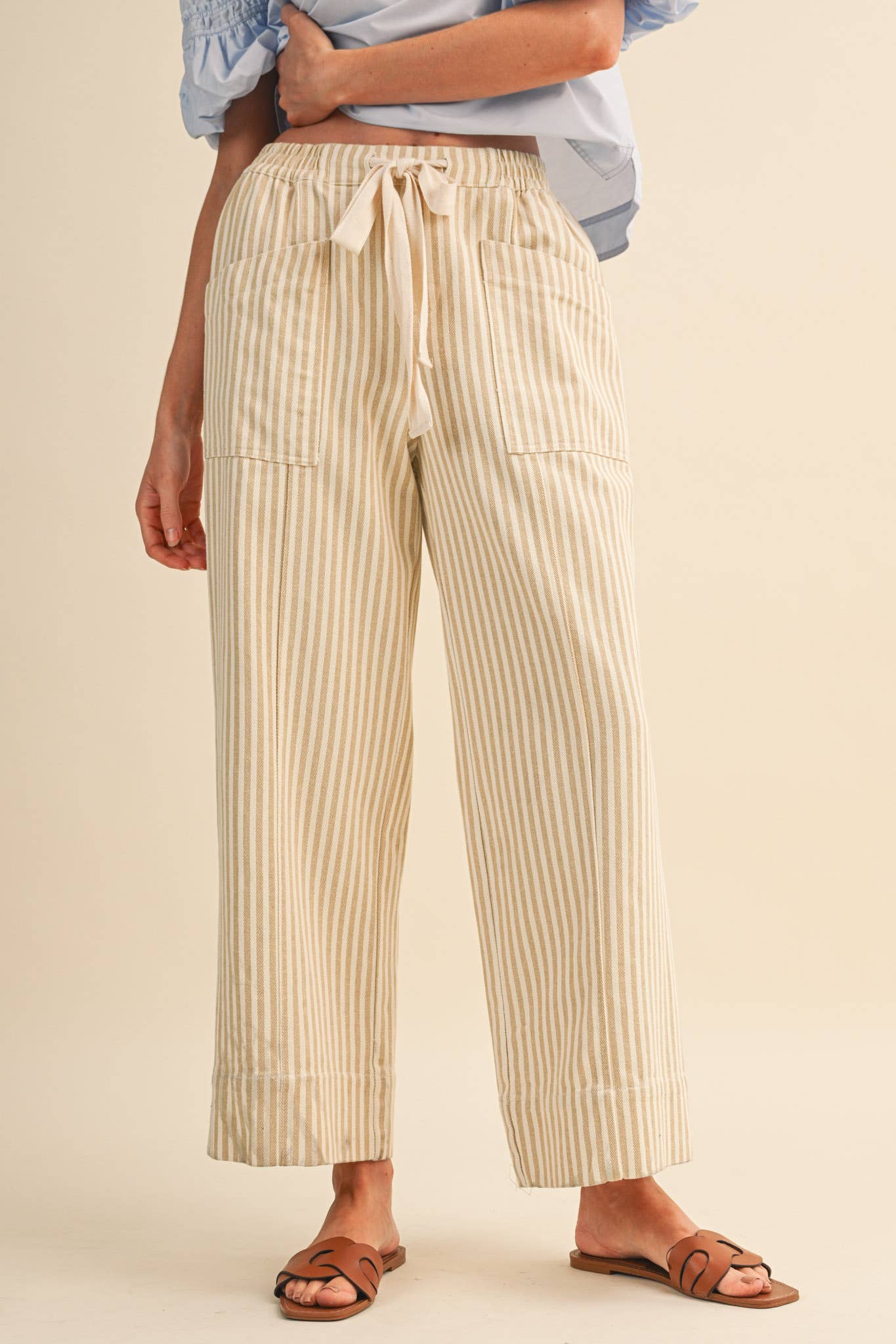 Taupe Stripe Wide Leg Drawstring Pants