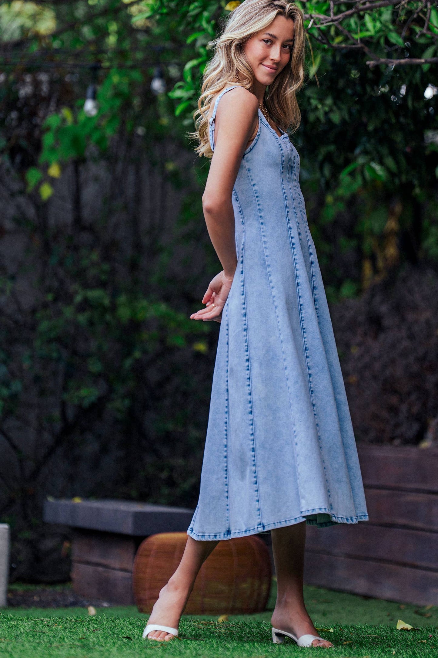 Lt. Denim Paneled Denim Midi Dress Exposed Back Zipper