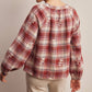 Embroidered Red Plaid Tie Neck Blouse