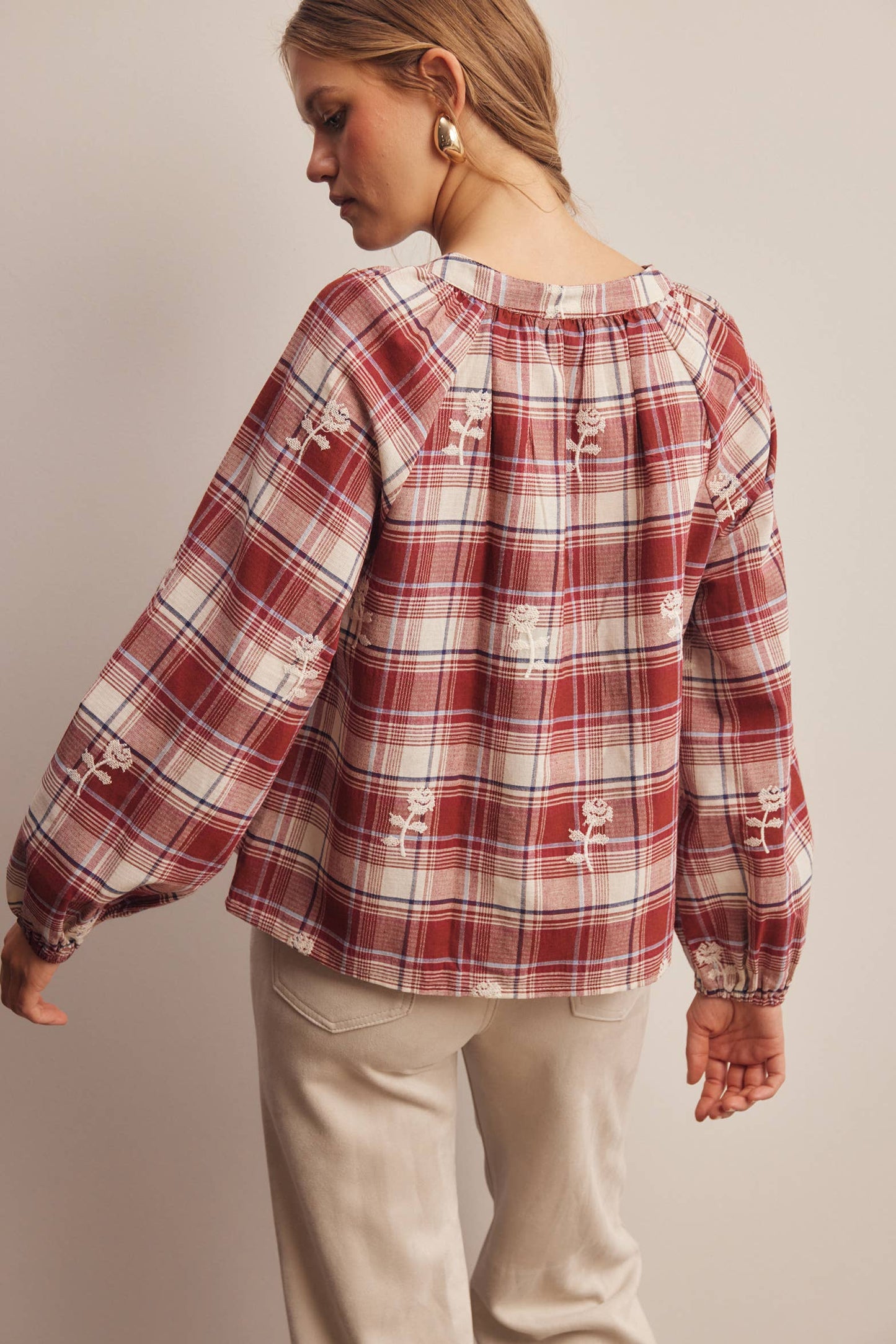 Embroidered Red Plaid Tie Neck Blouse