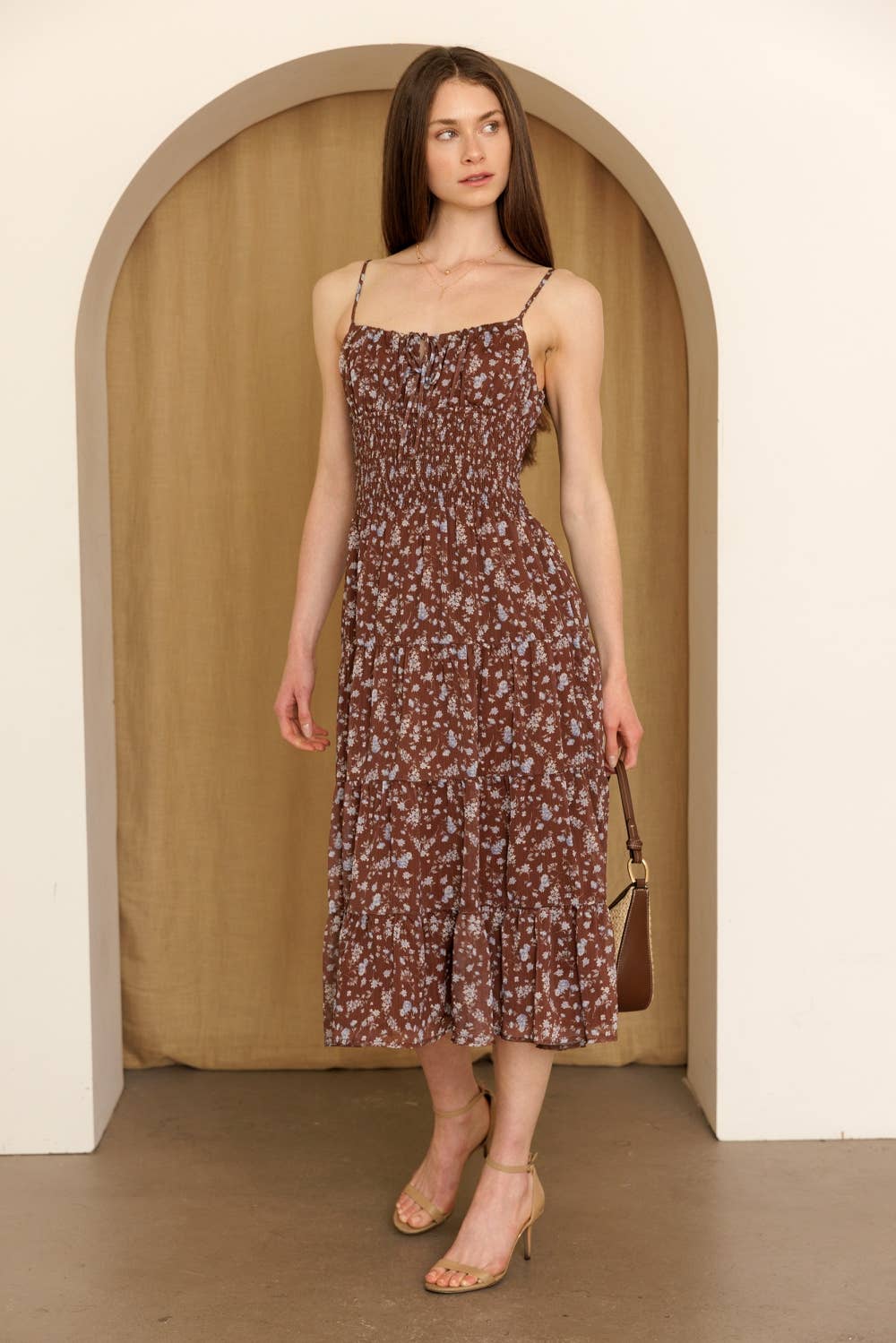 Brown + Blue Smocked Floral Tiered Midi Dress