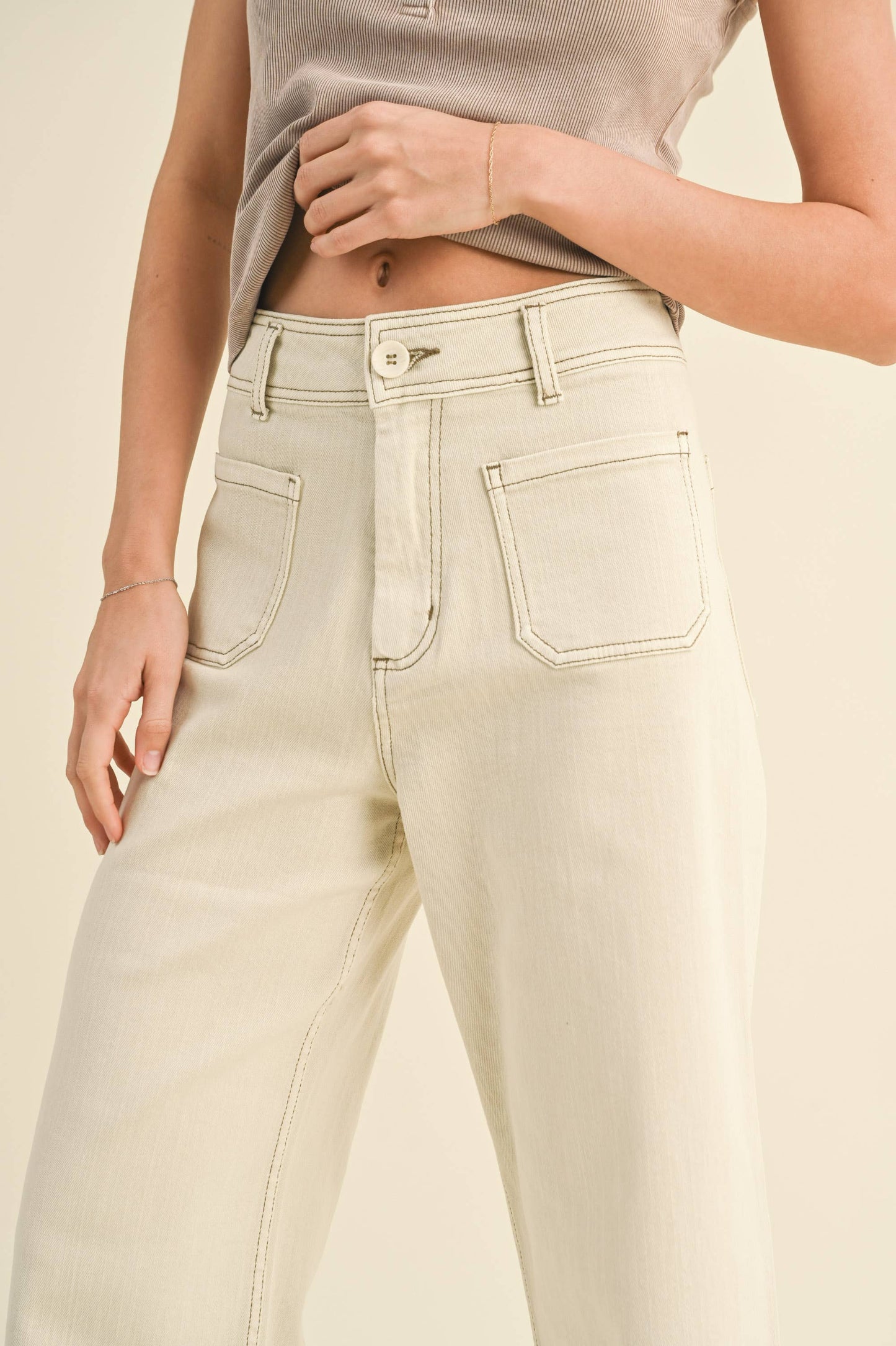 Washed Beige Straight Wide Leg Pants