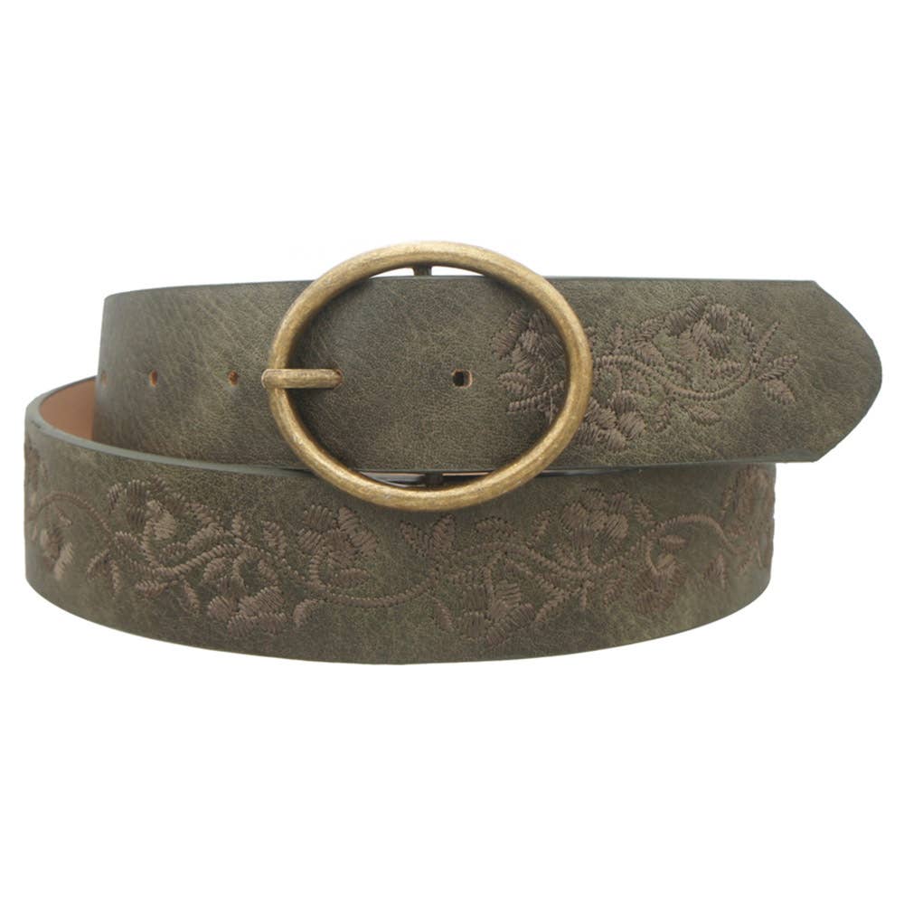 Olive Oval Buckle Floral Belt