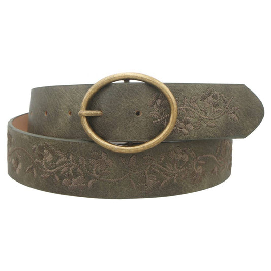 Olive Oval Buckle Floral Belt
