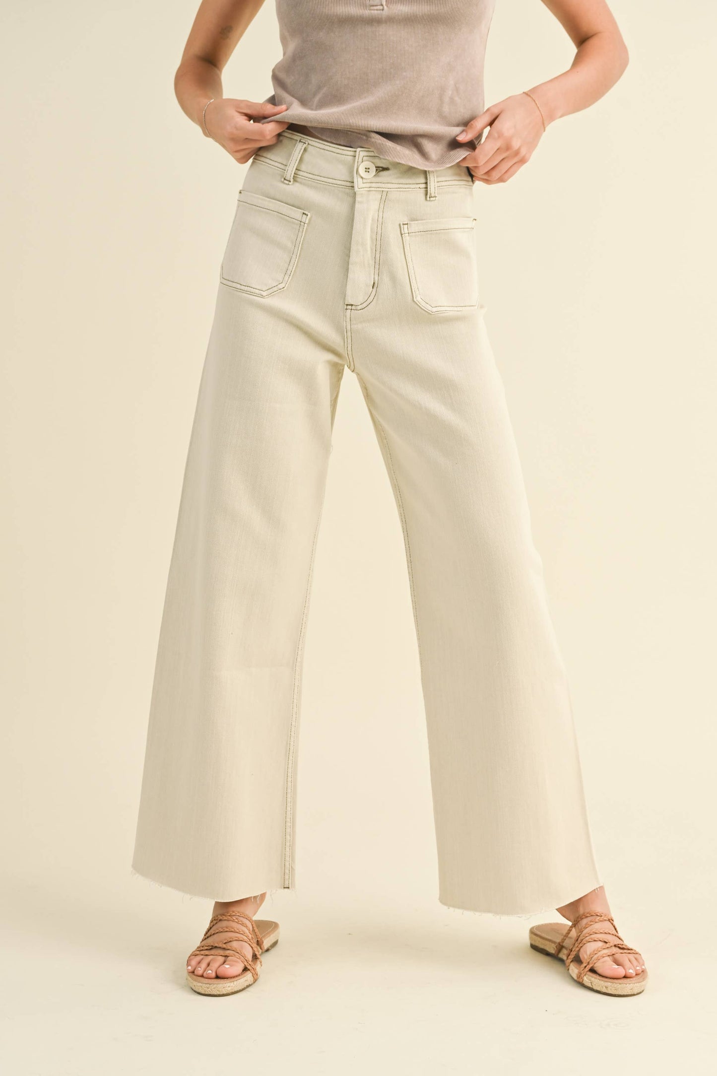 Washed Beige Straight Wide Leg Pants