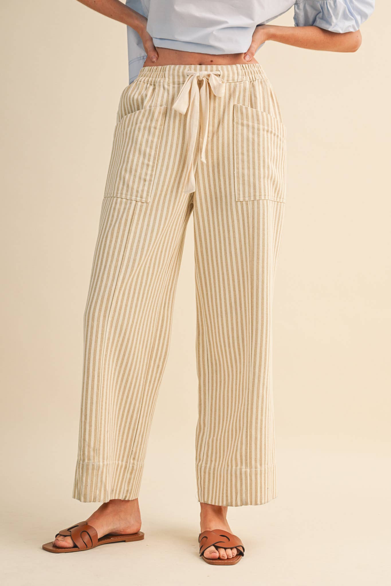 Taupe Stripe Wide Leg Drawstring Pants