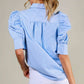 Stripe Collared Neck Short Puff Sleeve Blouse