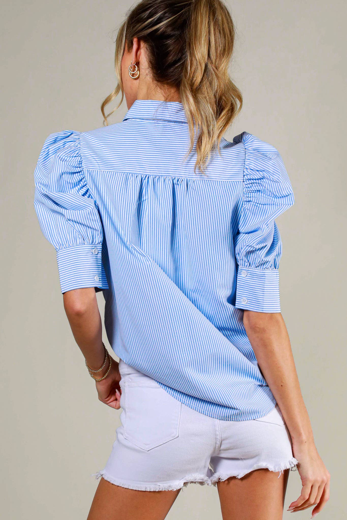 Stripe Collared Neck Short Puff Sleeve Blouse