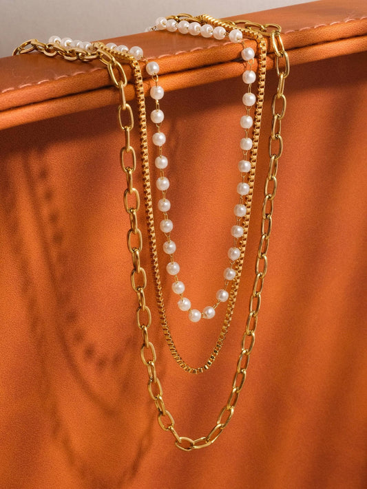 18K Gold Non - Tarnish Stacked Pearl Chain Necklace - Purpose + Passion Boutique