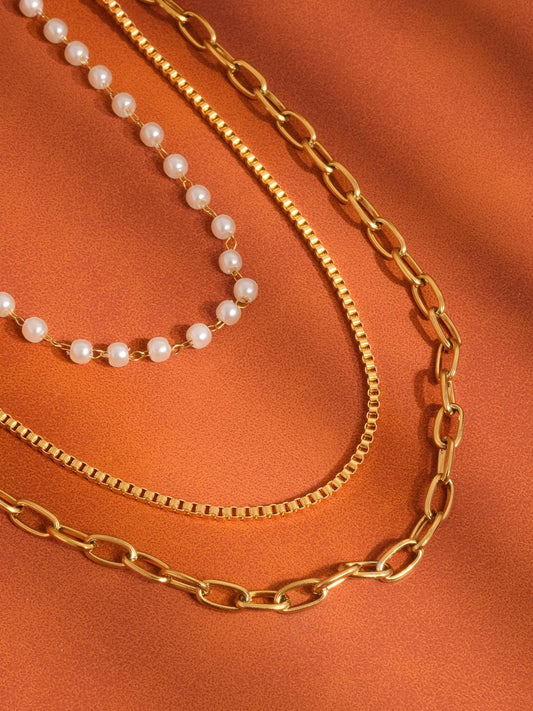 18K Gold Non - Tarnish Stacked Pearl Chain Necklace - Purpose + Passion Boutique