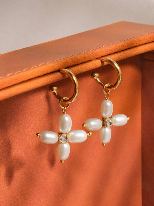 18K Gold Pearl Cross Hoop Earring - Purpose + Passion Boutique