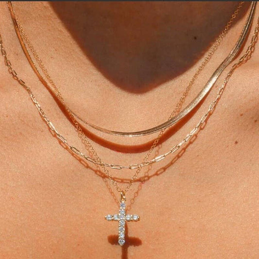 18K Gold Stainless Steel Multi - layered Rhinestone Cross Necklace - Purpose + Passion Boutique