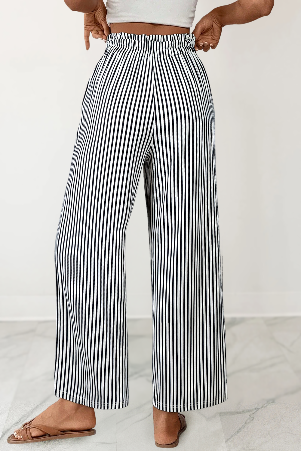 Black Stripe Drawstring Wide-Leg Shift Pants