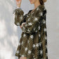 Olive Floral Mini Dress with Balloon Sheer Sleeves