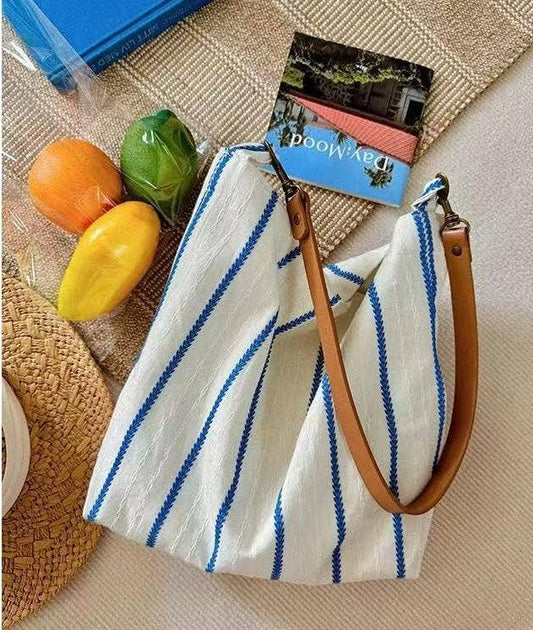 Blue Striped Cotton Canvas Tote Bag