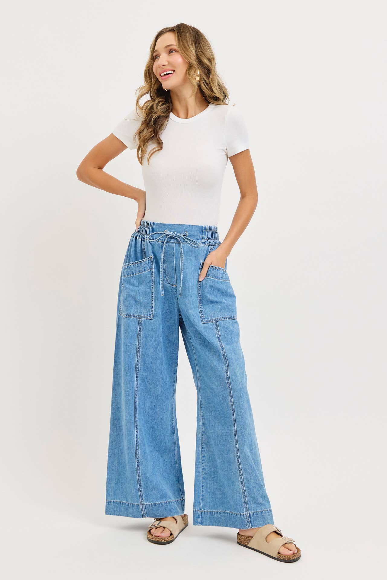 Denim Pull On Wide-Leg Pants