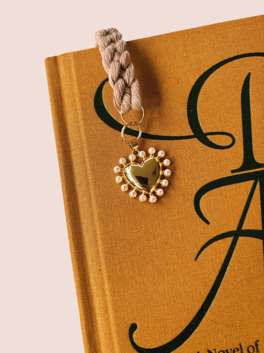 Pearl Heart Charm Rust Braided Bookmark