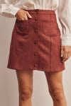 Burgundy Stretch Suede Button Front Mini Skirt