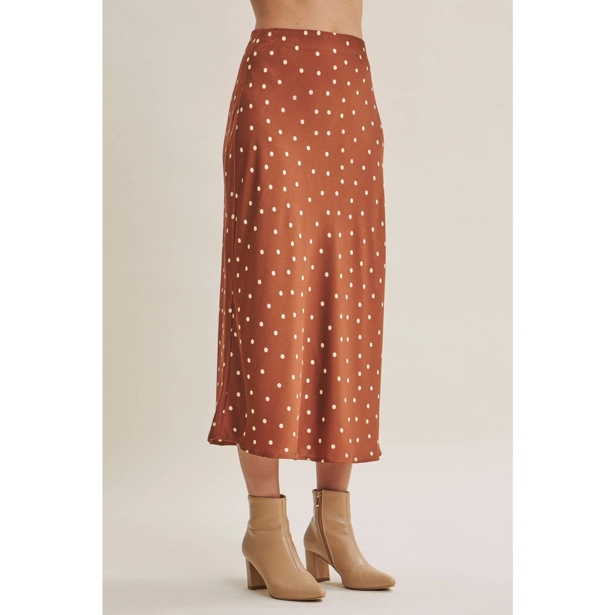 Camel / Beige Satin Polka Dot Midi Skirt