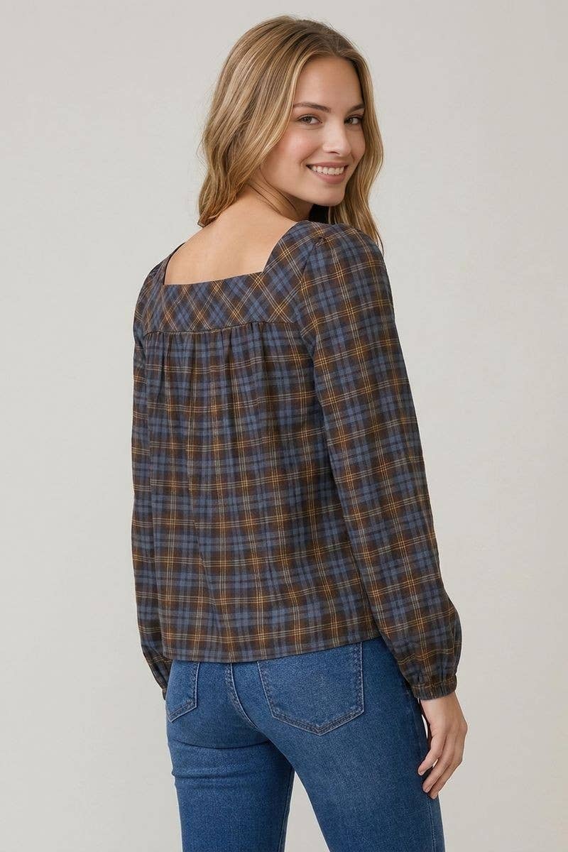 Brown Plaid Button Long Sleeve Blouse