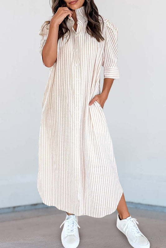 Stripe Khaki Frilled Collar Shirt Maxi Dress