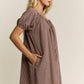 Gingham Mocha Puff Sleeve Drawstring Neck Dress