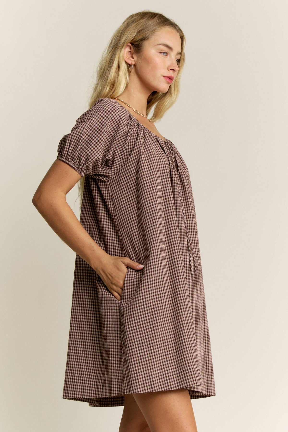 Gingham Mocha Puff Sleeve Drawstring Neck Dress