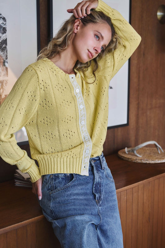 Kiwi Pointelle Knit Cardigan Lace Trim Button Down