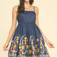 Indigo Flared Denim Mini Dress with Floral Embrodiery