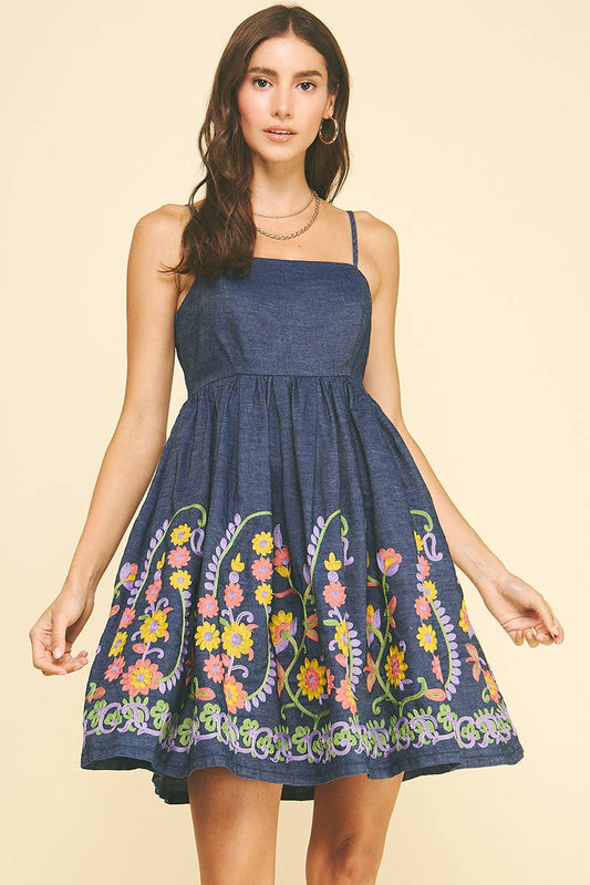 Indigo Flared Denim Mini Dress with Floral Embrodiery