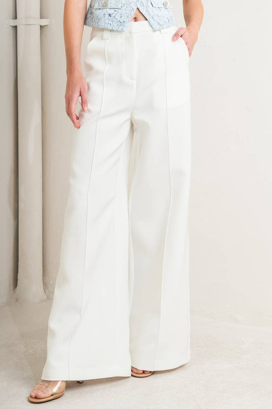 White Wide Leg Woven Side Pocket Pants