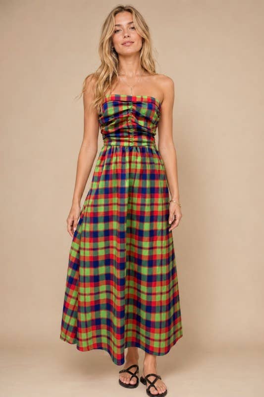 Apple Blues Plaid Strapless Maxi Dress