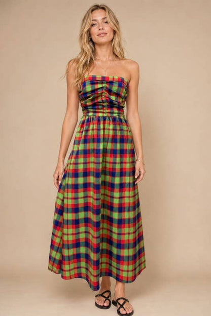 Apple Blues Plaid Strapless Maxi Dress