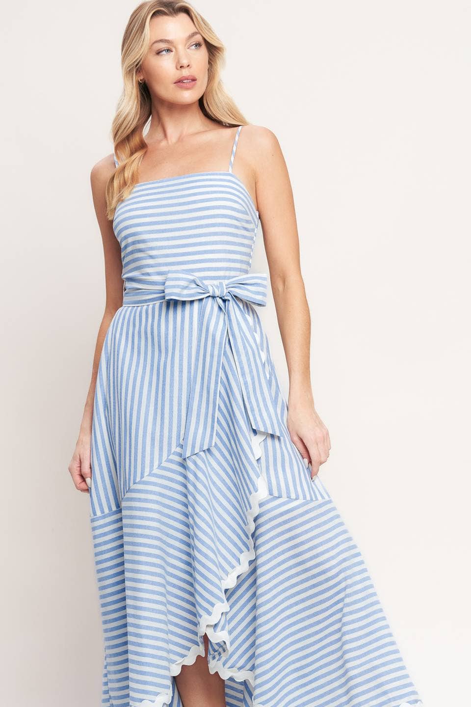 White & Blue Striped Ruffle Hem Midi Dress