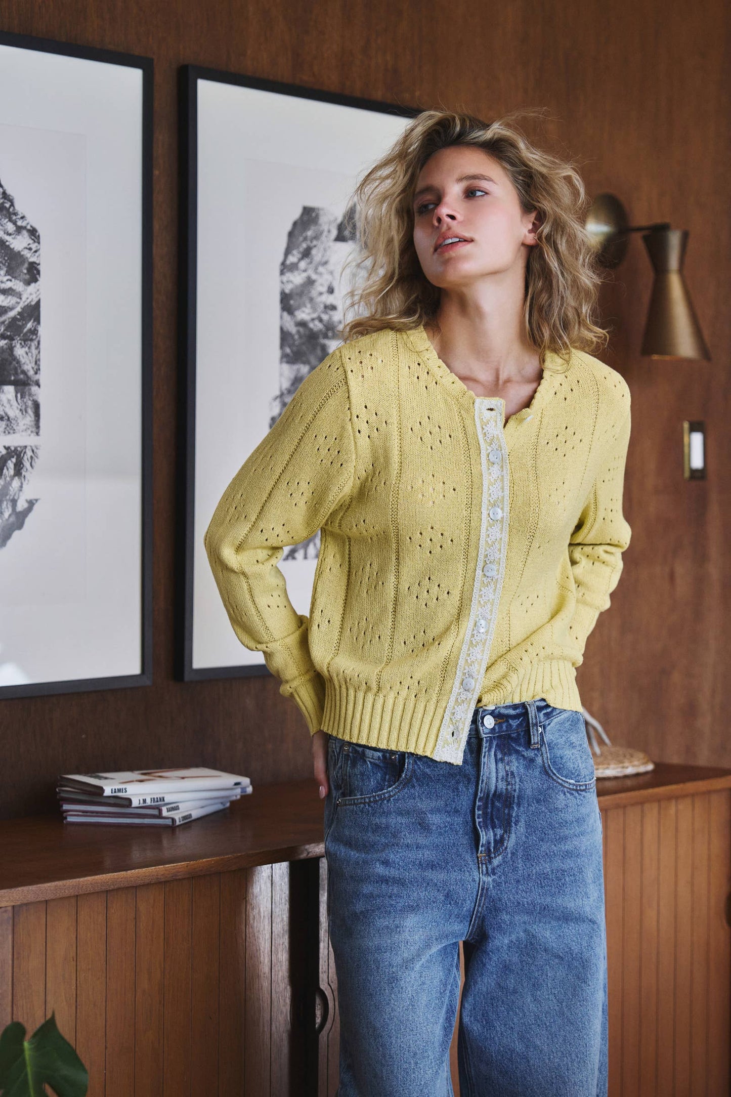 Kiwi Pointelle Knit Cardigan Lace Trim Button Down