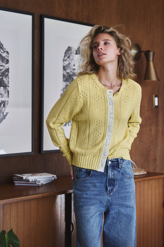 Kiwi Pointelle Knit Cardigan Lace Trim Button Down