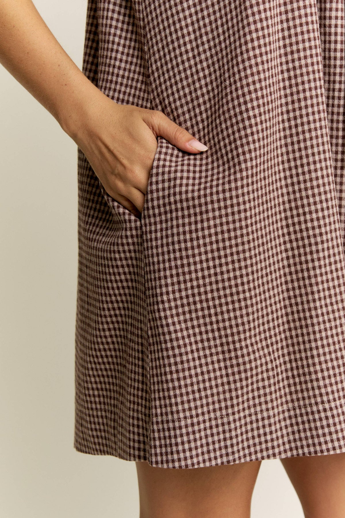 Gingham Mocha Puff Sleeve Drawstring Neck Dress