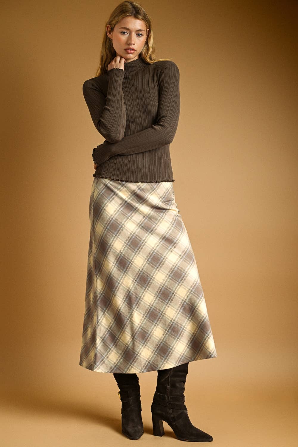 Ecru/Blue Plaid Printed Stretch Maxi Skirt