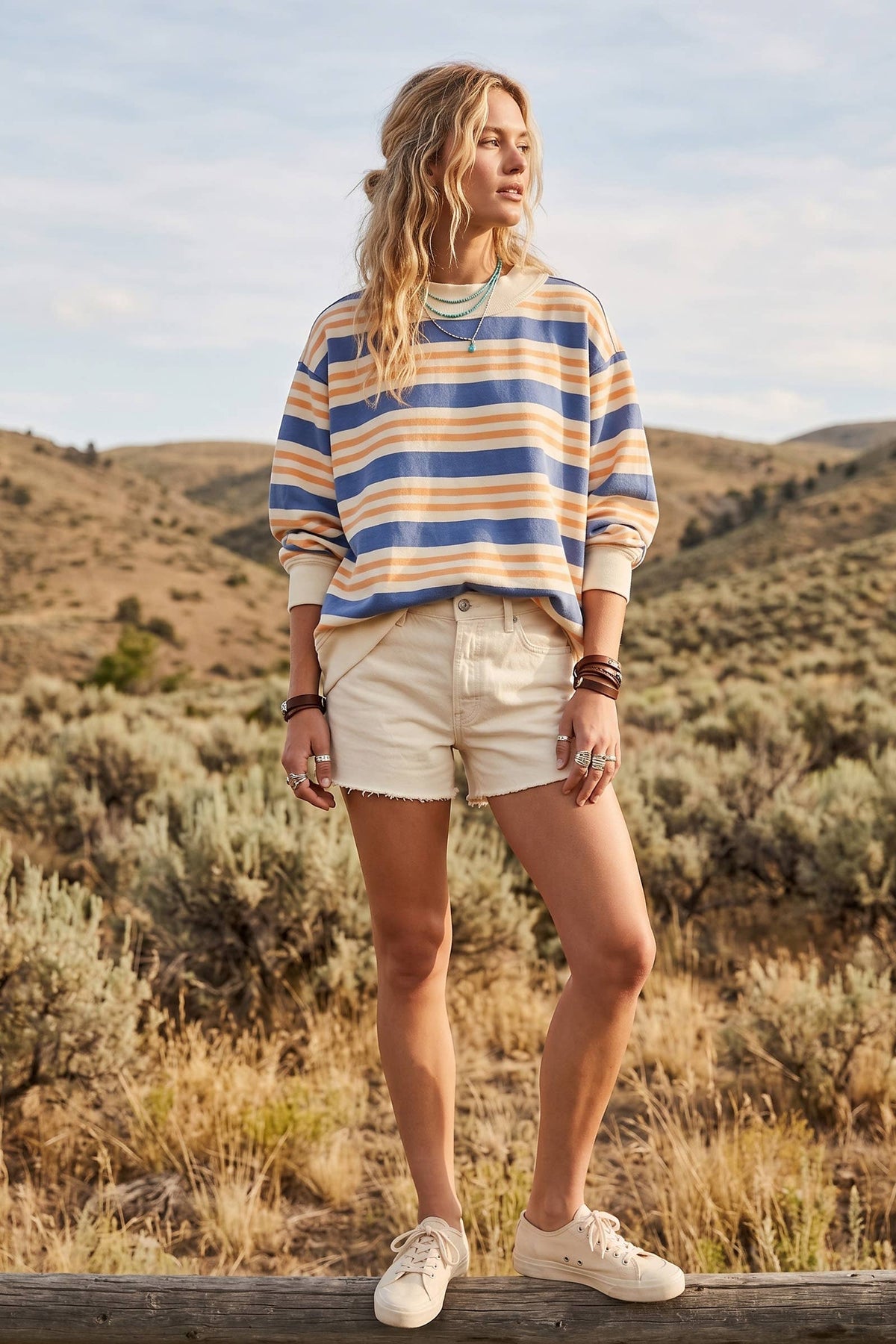 Oversized Denim + Apricot Terry Striped Sweatshirt