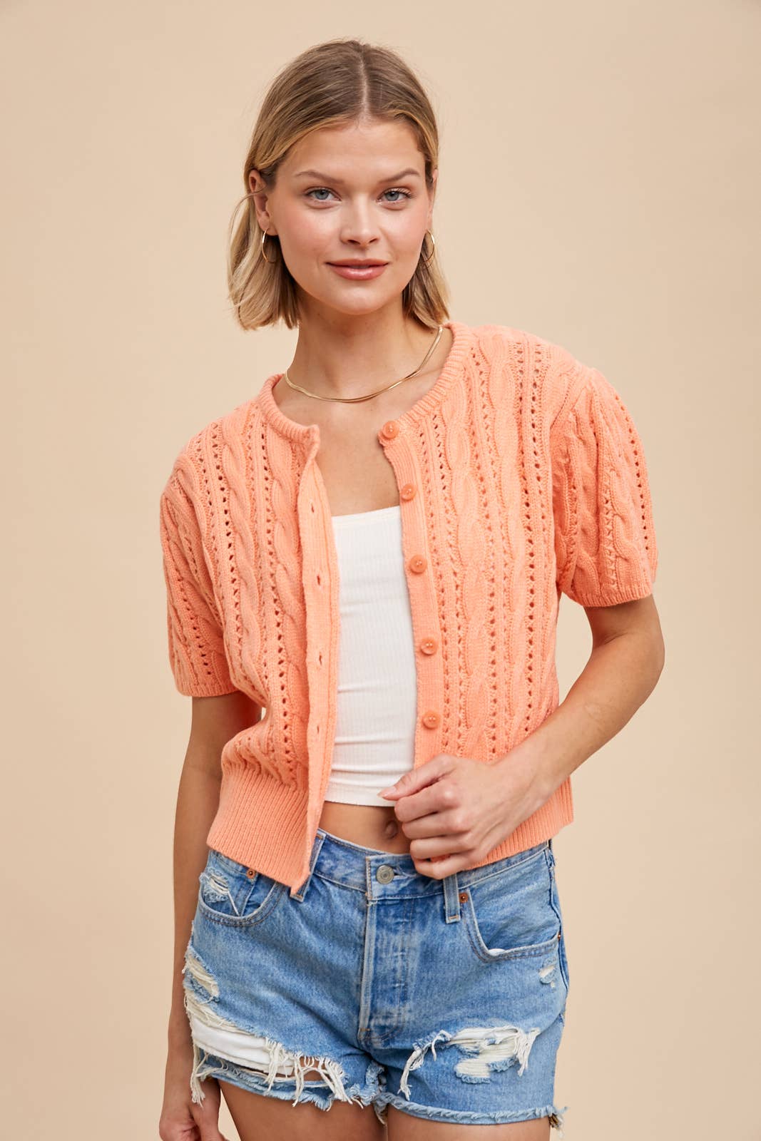 Apricot Cable Knit Puff Sleeve Cardigan