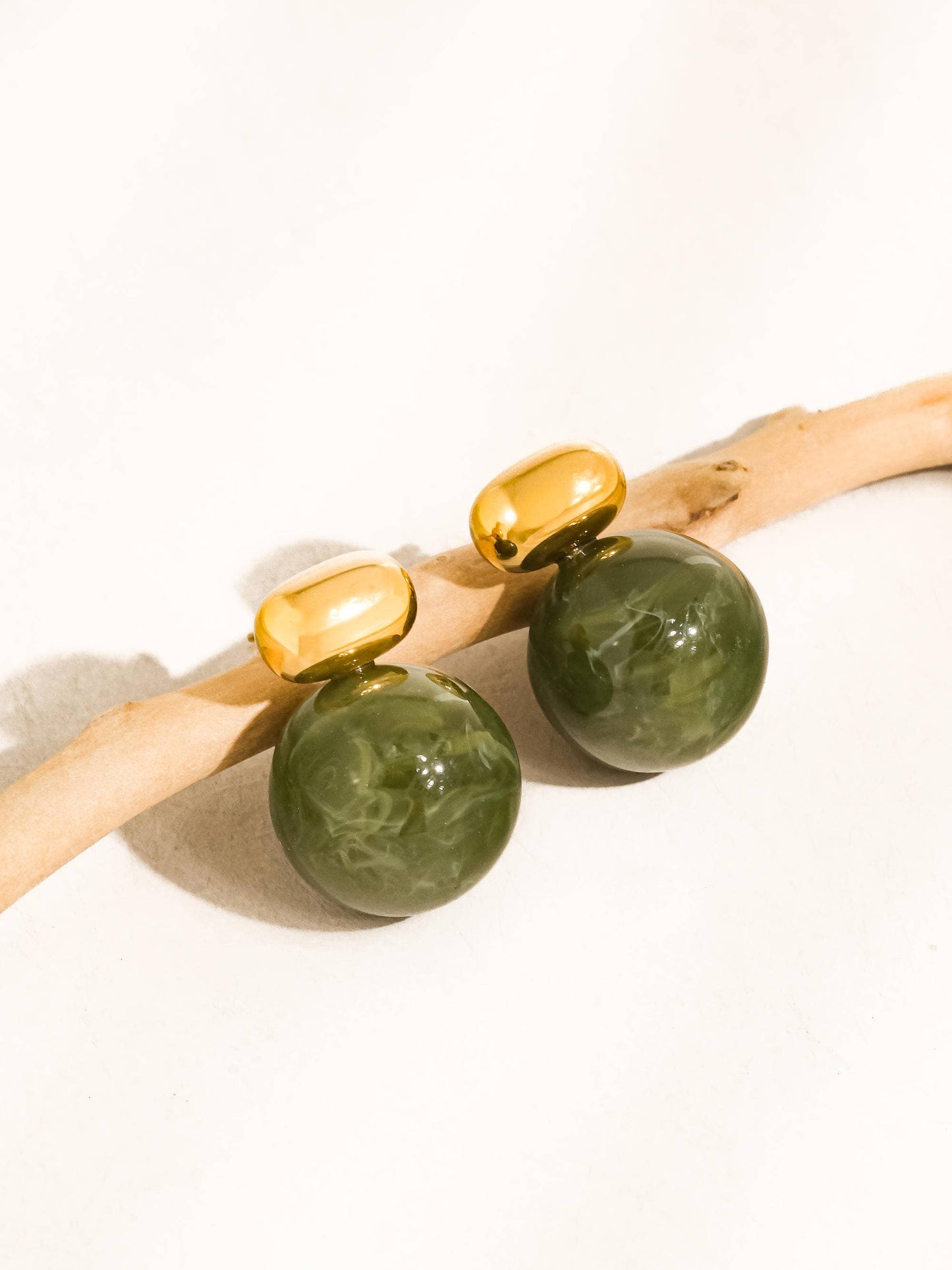 18K Gold Non-Tarnish Green Marble Ball Earrings