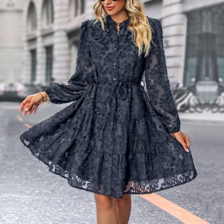 Navy Lace Jacquard Button Down Long Sleeve Dress