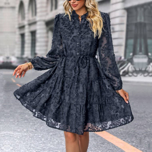 Navy Lace Jacquard Button Down Long Sleeve Dress