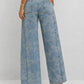 Floral Jacquard Button Pocket Wide Leg Denim Pants