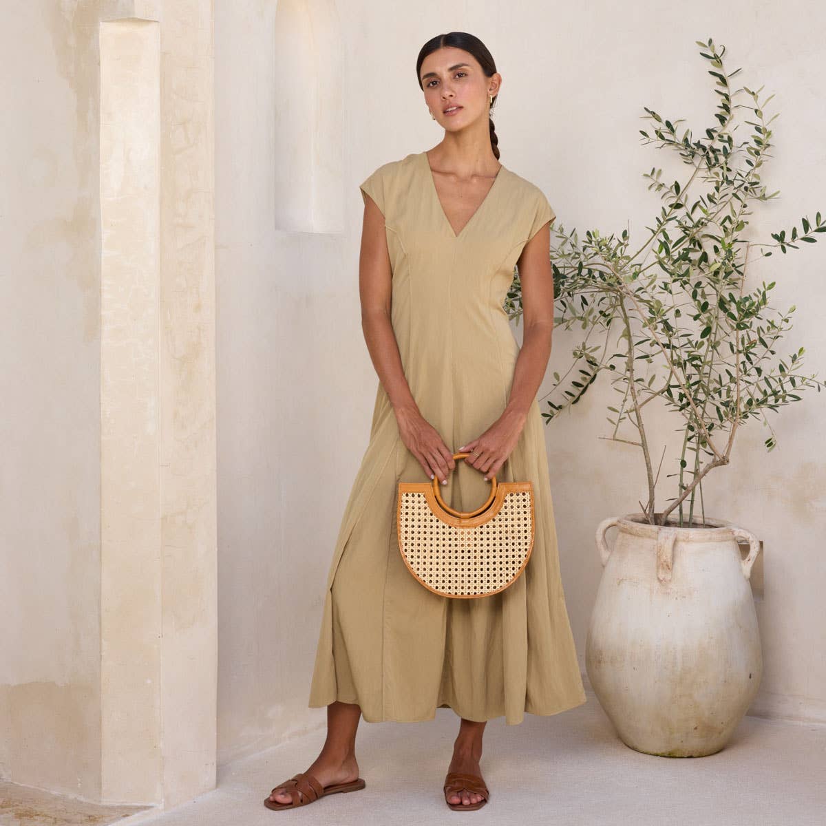 Brown Leather Square Cane Weave Rattan Handbag