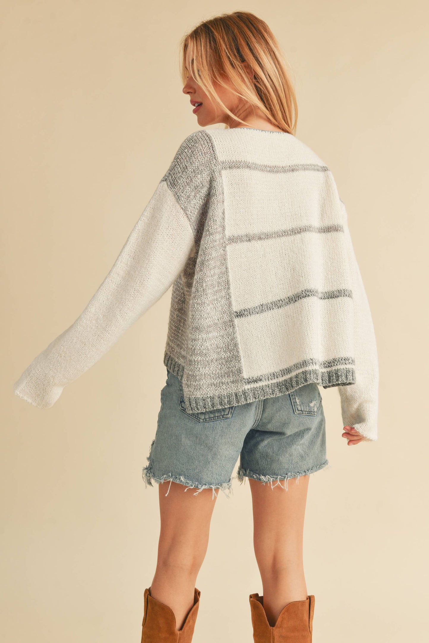 White + Gray Mona Knit Stripe Pullover Sweater
